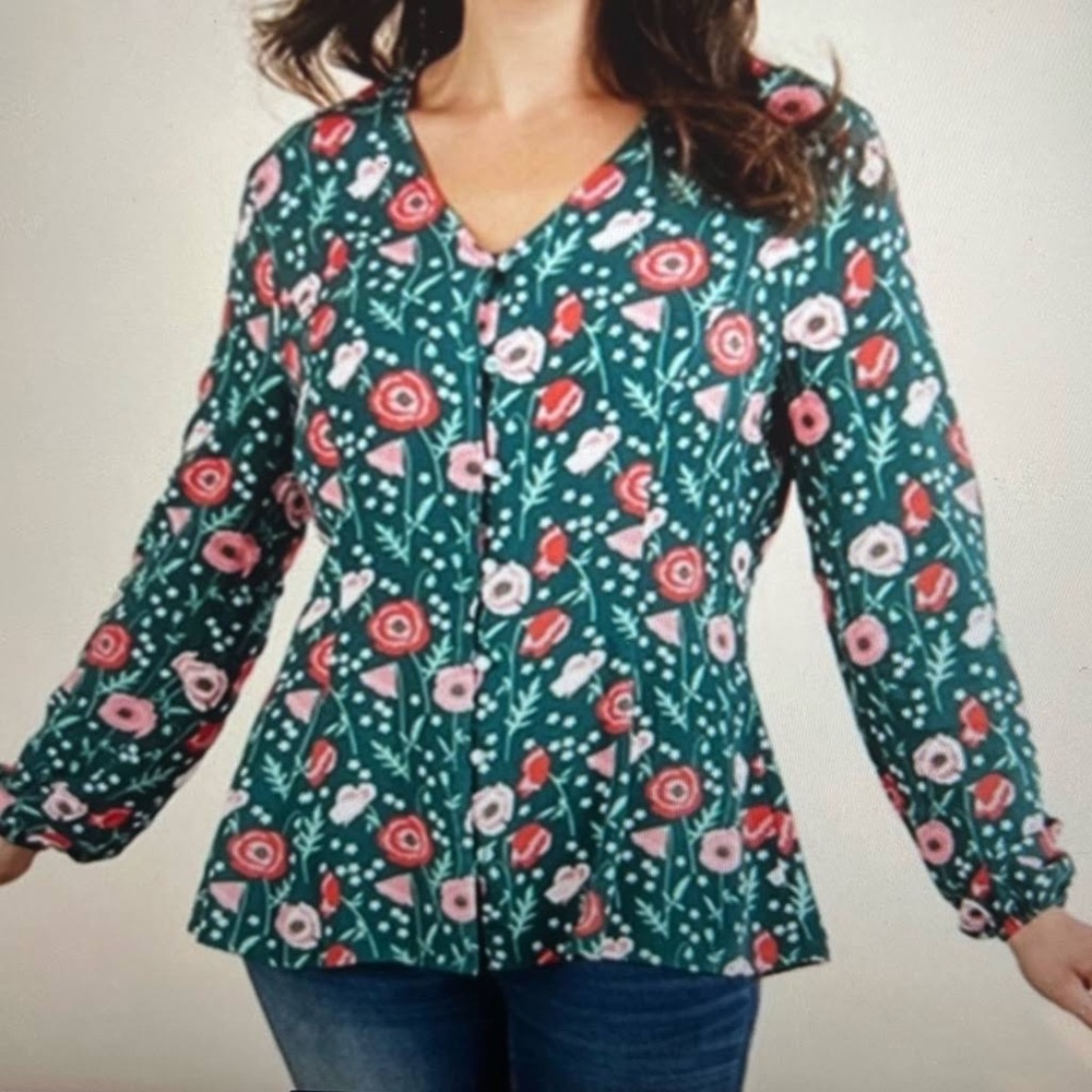 Matilda Jane Teal Floral Button-Down Top with Pink & Red Blooms